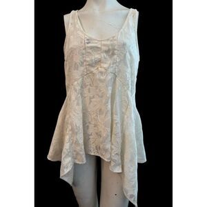 Vanessa Virginia M Cream Sleeveless Semi Sheer Lace Tunic Top Assymetrical Hem